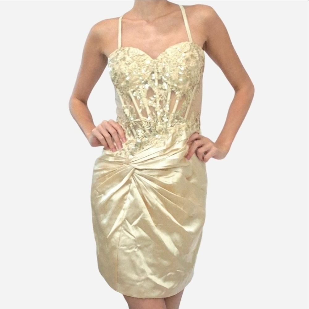Faeriesty champagne beige beaded sequins bodycon dress with corset top Small